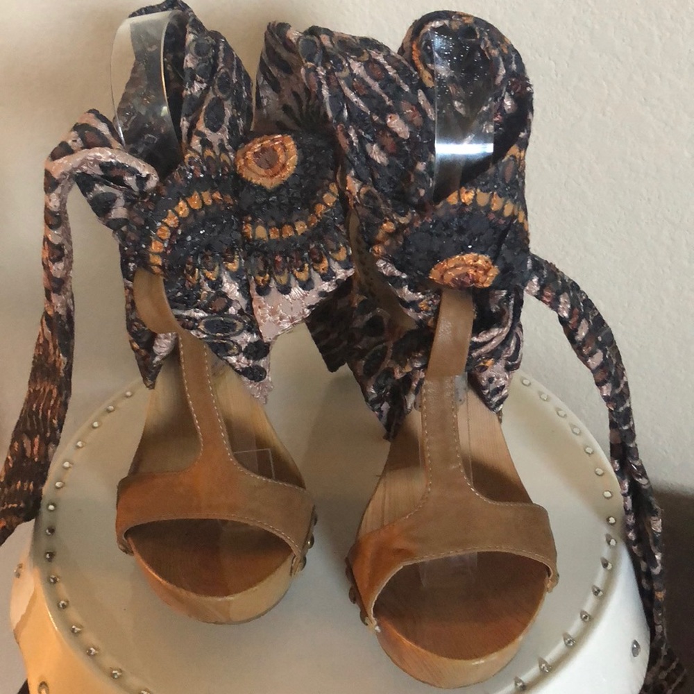 Mtng spectacular‎ wood sandals cloth tie heels 36 women’s 5.5